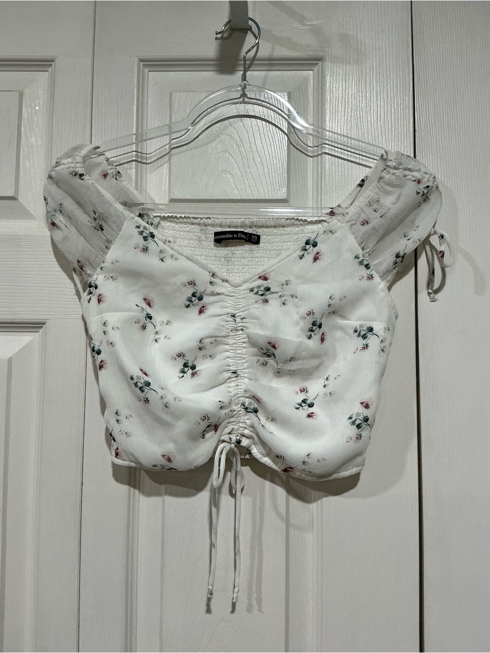 💙 Abercrombie & Fitch White Floral Puff Sleeve Crop Top Shirt Blouse XS (01476)